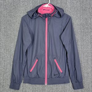 Nike Jacket Womens XS Gridiron Gray Pink Full Zip Mesh Lined Windbreaker Hoodie